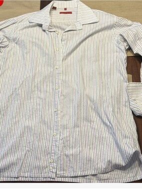 Men's White Button-Down Shirt with Blue & Red Micro-Stripes made in Italy